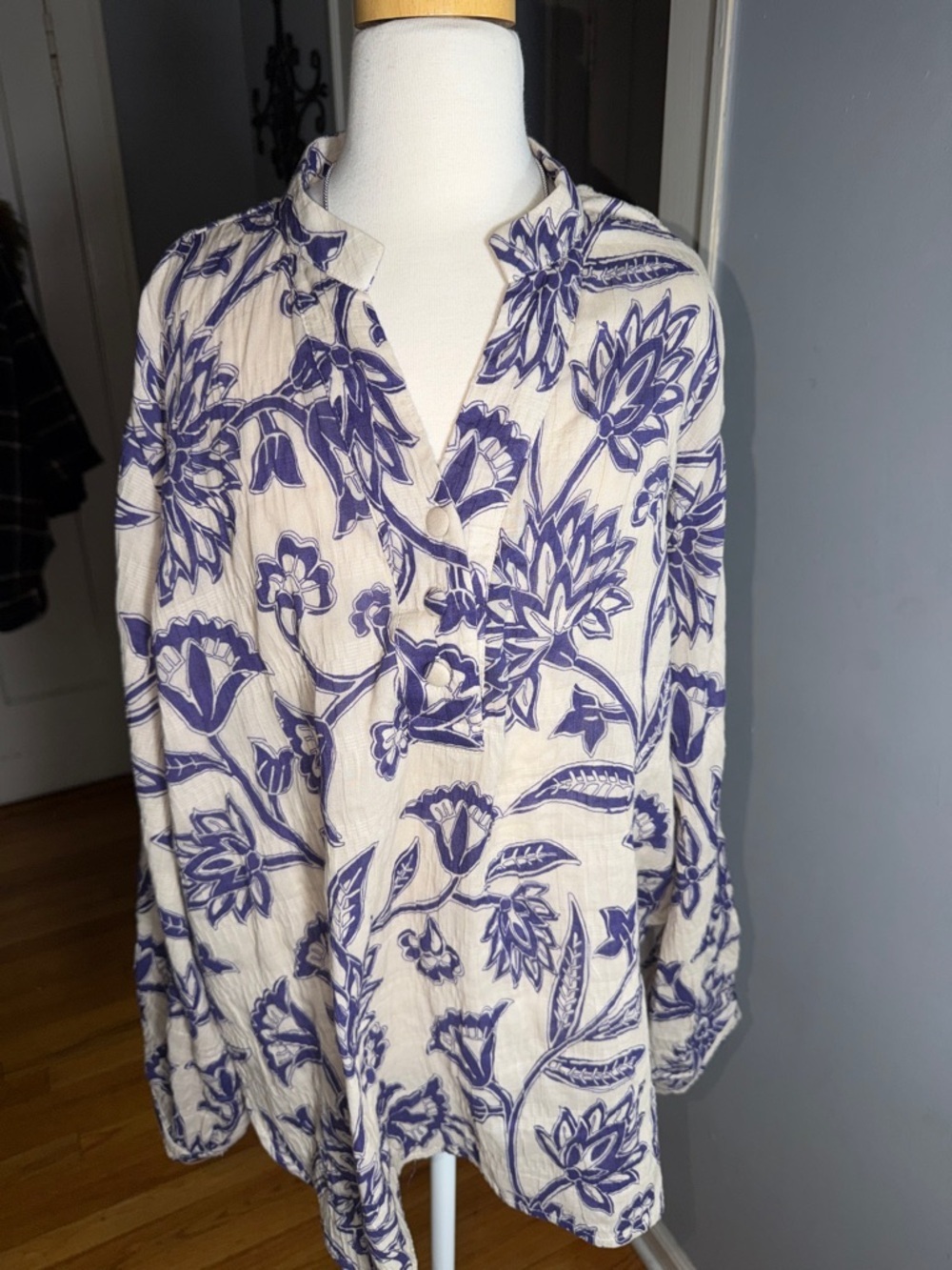 Khaadi 97% Cotton Cream Blouse with Navy Floral Print